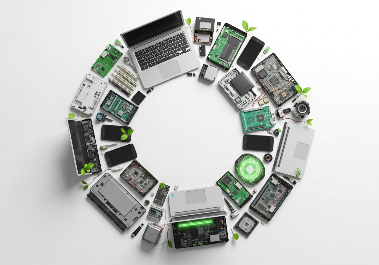 Circular economy concept with recycled IT equipment
